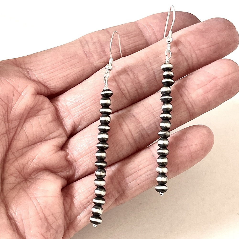 Navajo Pearl Earrings Long 2.75in Hook 4mm Sterling Handmade Satin Matte Dangles